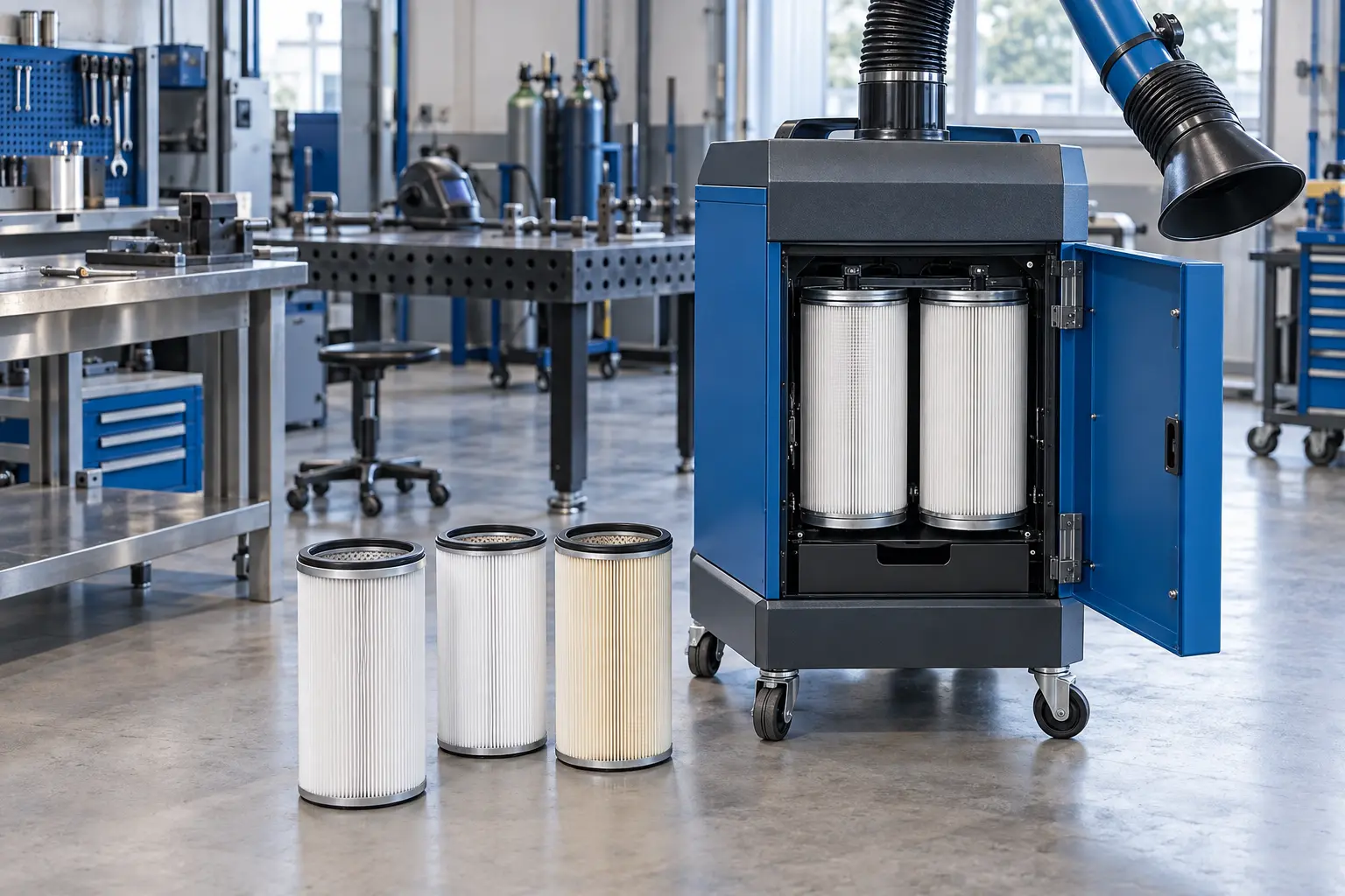 Extractor industrial compacto con cartuchos plisados instalados