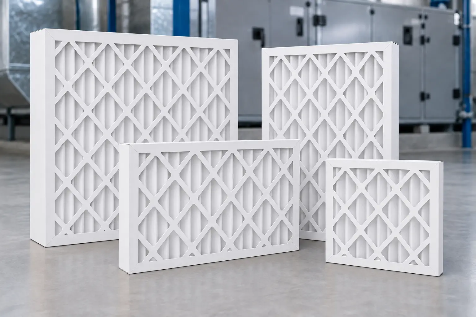 Filtros HVAC de diferentes medidas con marco de cartón blanco y rombos